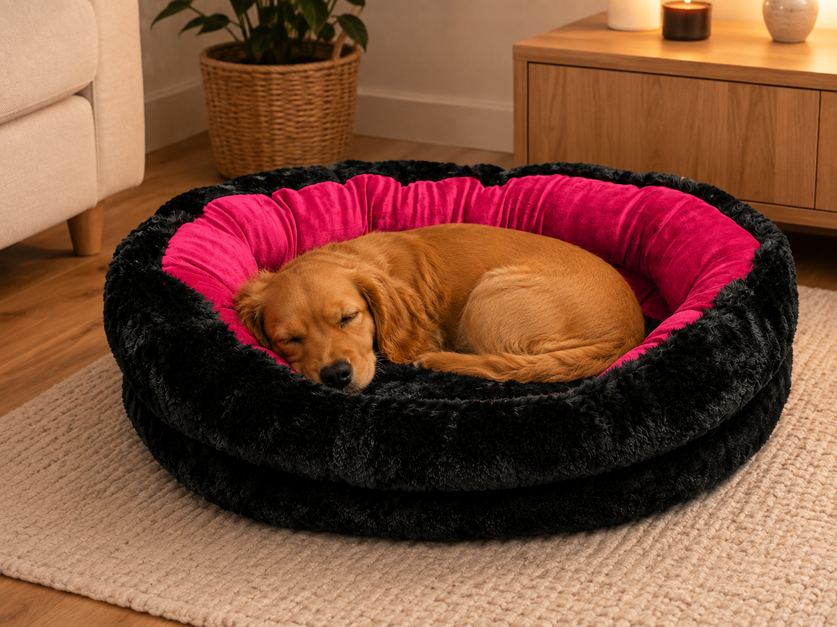 Golden Retriever κοιμάται σε στρογγυλό κρεβάτι μαύρο-φούξια σε σαλόνι