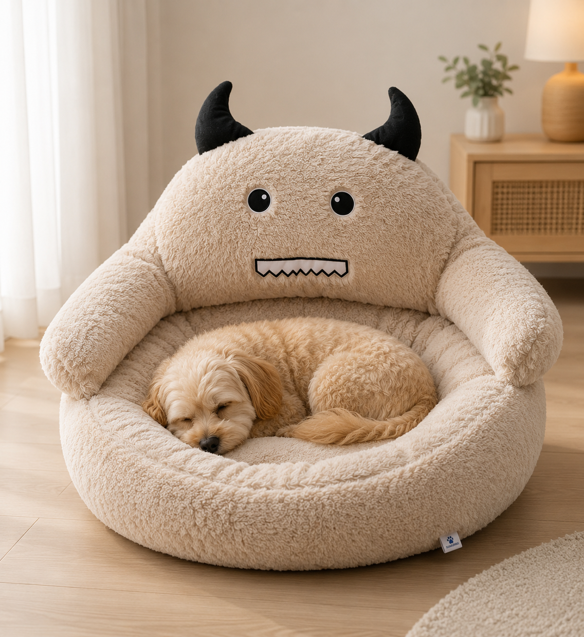 Σκυλάκι κοιμάται σε κρεβάτι Monster Fluffy μπεζ σε σαλόνι