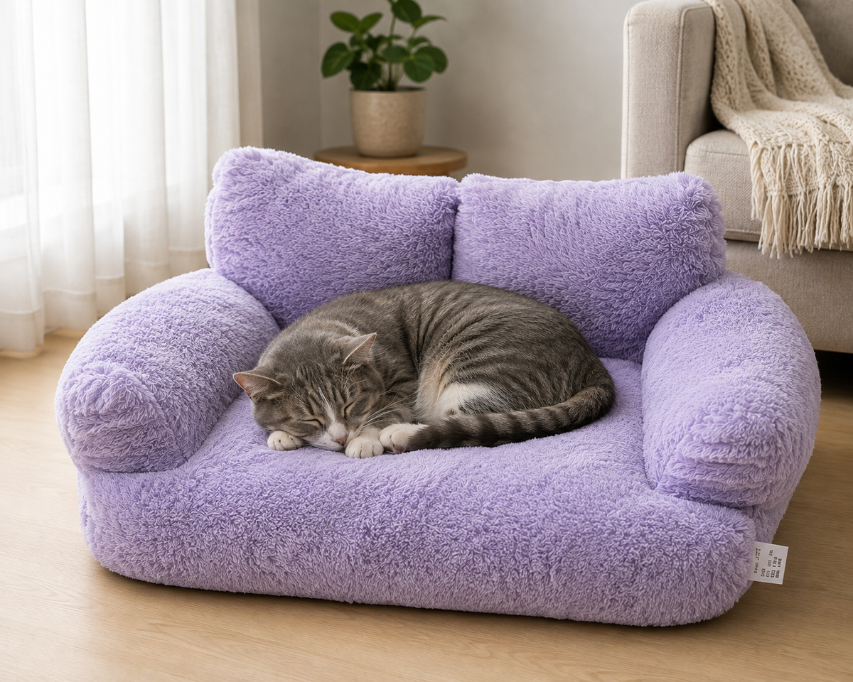Γάτα κοιμάται σε κρεβάτι καναπέ λιλά γκρι fluffy σε σαλόνι