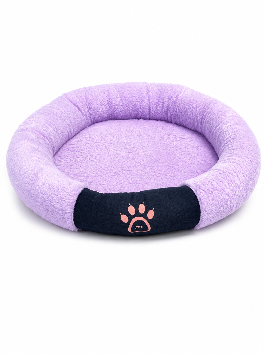 Στρογγυλό κρεβάτι donut λιλά με μαύρο paw print, μπροστινή όψη