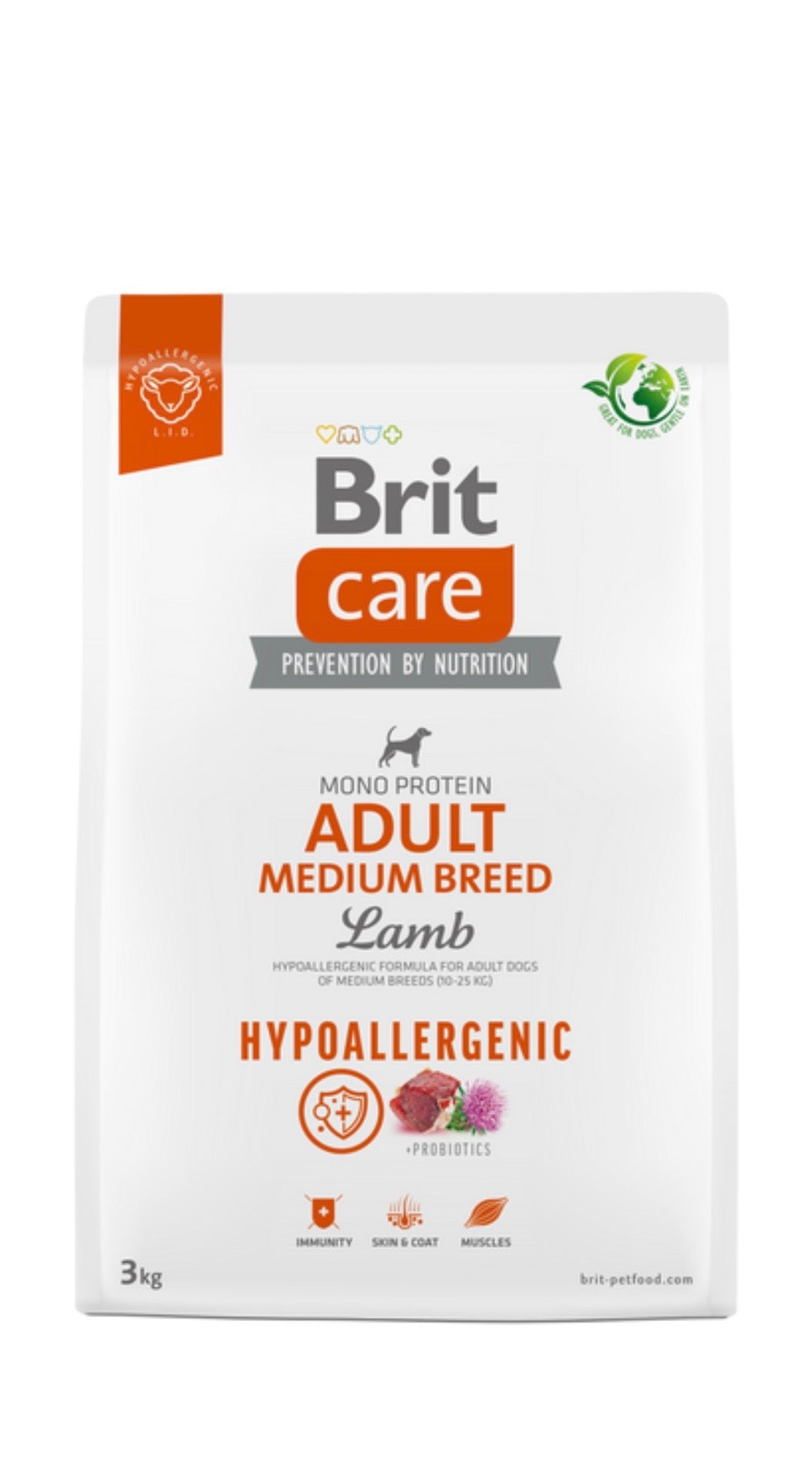 Brit Care Adult Medium Breed Lamb – Υποαλλεργική ξηρά τροφή με αρνί για ενήλικους σκύλους μεσαίας φυλής 10-25kg, 3kg, hypoallergenic mono protein