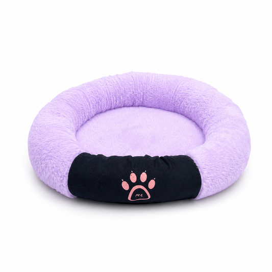 Στρογγυλό κρεβάτι donut λιλά με μαύρο paw print, άνω όψη