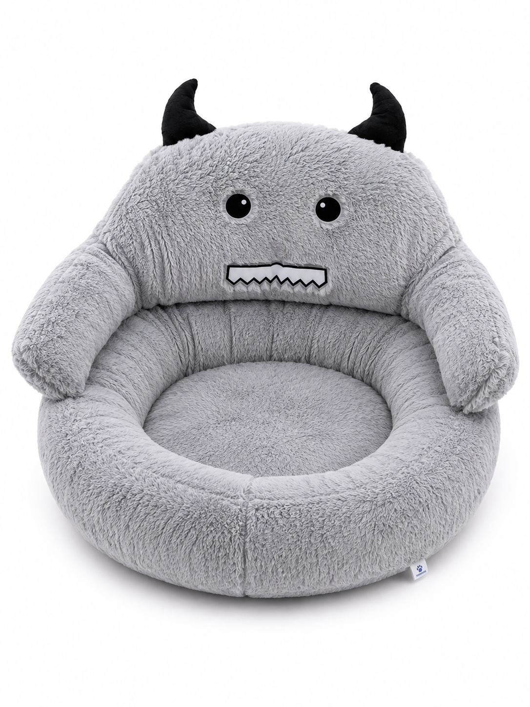 Κρεβάτι κατοικιδίου Monster Fluffy γκρι με κέρατα και κεντητό πρόσωπο τερατάκι