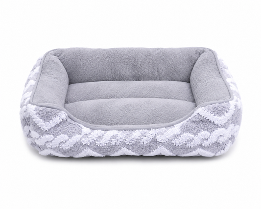 Κρεβάτι καναπές γκρι-λευκό chevron pattern με fleece εσωτερικό, πλάγια όψη