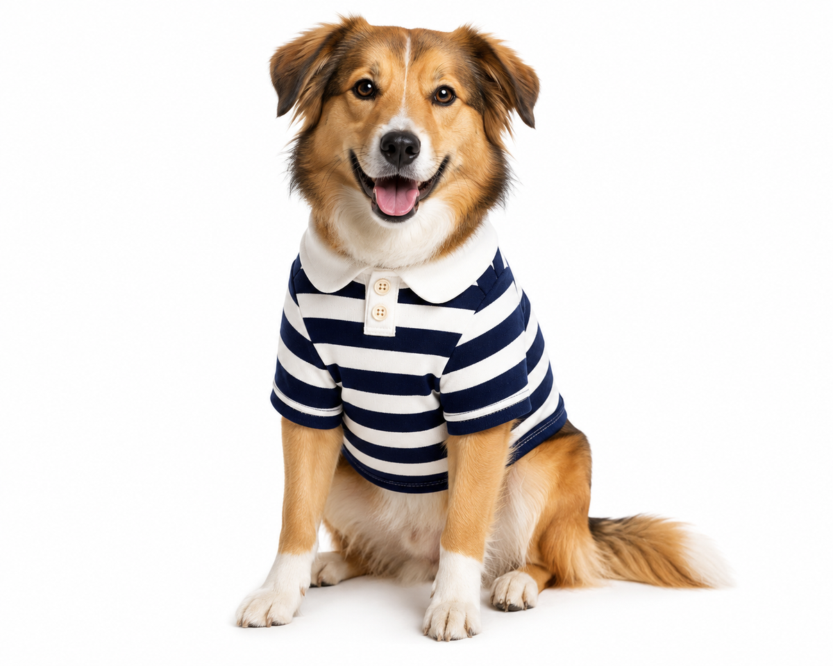 Σκύλος φοράει navy-λευκό polo μπλουζάκι ριγέ, lifestyle φωτογραφία