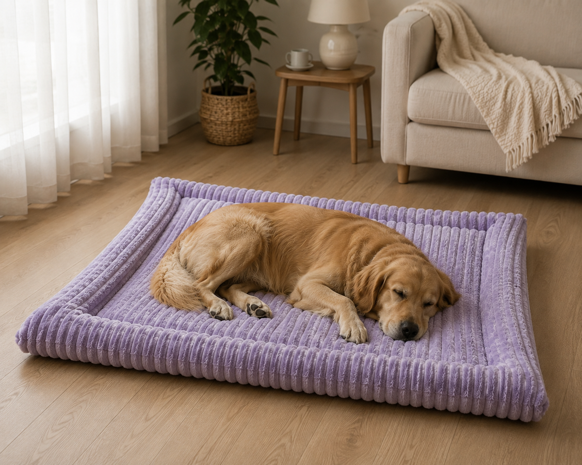 Golden retriever ξαπλωμένος σε γκρι βελούδινο κρεβάτι σκύλου rib σε σαλόνι