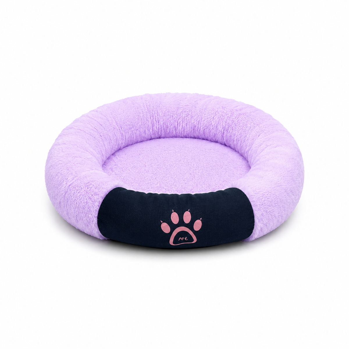 Στρογγυλό κρεβάτι donut λιλά με μαύρο paw print, πλάγια όψη