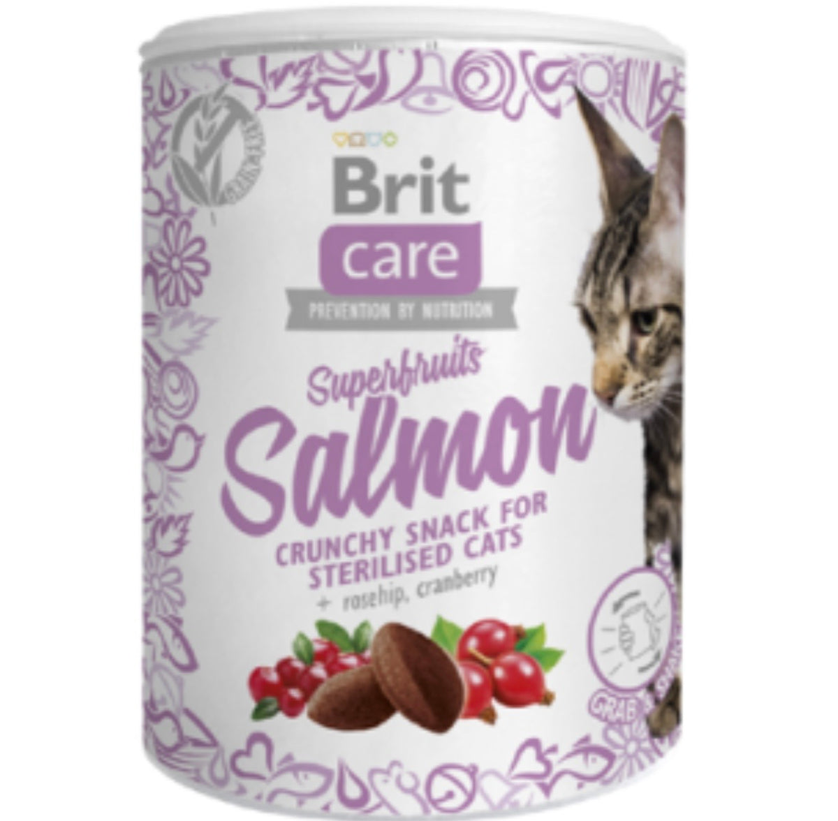 Brit Care Cat Superfruits Salmon – Τραγανό snack για στειρωμένες γάτες 100g με σολομό, cranberries και κυνόροδο, χωρίς δημητριακά