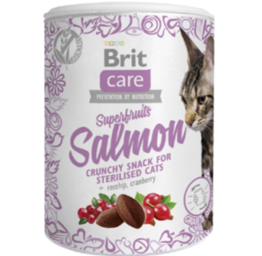 Brit Care Cat Superfruits Salmon – Τραγανό snack για στειρωμένες γάτες 100g με σολομό, cranberries και κυνόροδο, χωρίς δημητριακά