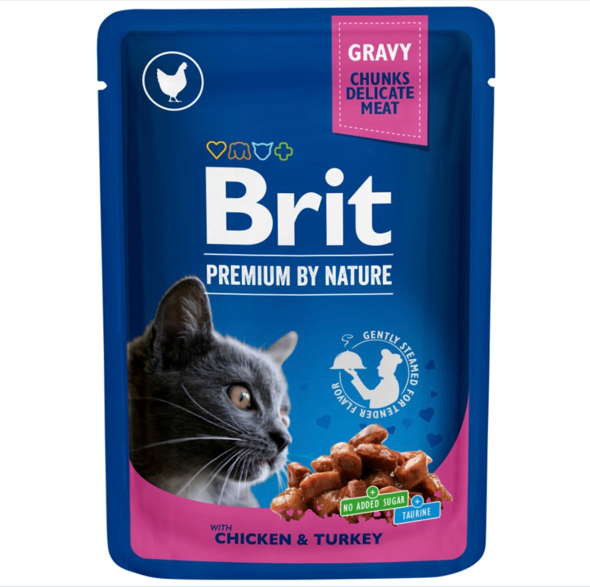 Brit Premium by Nature Chicken & Turkey – Υγρή τροφή φακελάκι με κοτόπουλο και γαλοπούλα 100g για ενήλικες γάτες, ζουμερές μπουκιές σε σάλτσα gravy με ταυρίνη