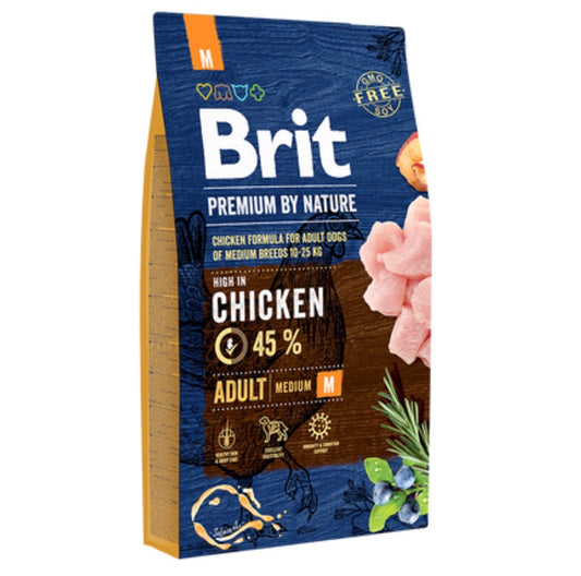 Brit Premium by Nature Adult M – Ξηρά τροφή για ενήλικους σκύλους μεσαίου μεγέθους 10-25kg με κοτόπουλο 45%, έλαιο σολομού και βρώμη χωρίς γλουτένη