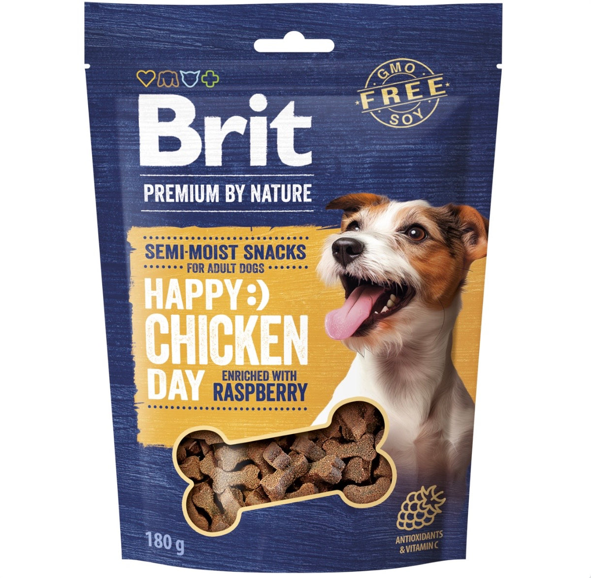 Brit Premium by Nature Happy Chicken Day – Semi-moist snacks με κοτόπουλο και raspberry 180g, εμπλουτισμένα με κολλαγόνο και αντιοξειδωτικά