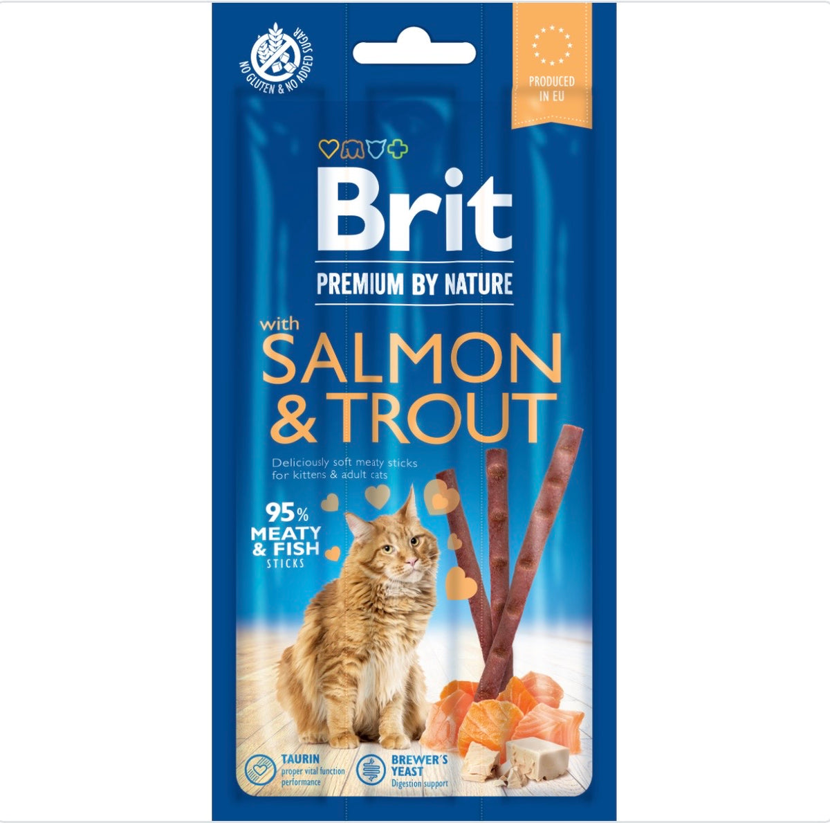 Brit Premium by Nature Sticks με σολομό και πέστροφα – Λιχουδιές για γάτες 3x5g, 95% κρέας και ψάρι, χωρίς γλουτένη, παραγωγή ΕΕ
