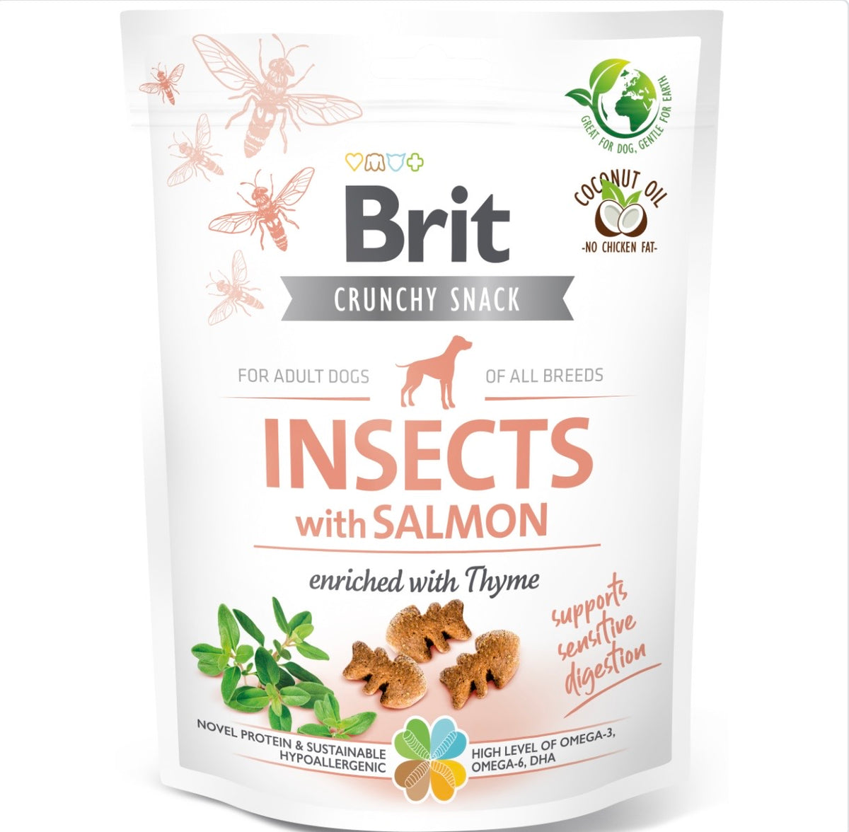 Brit Crunchy Snack Insects with Salmon – Τραγανό σνακ για σκύλους με έντομα και σολομό, εμπλουτισμένο με θυμάρι, υποαλλεργική πρωτεƐνη, χωρίς συντηρητικά